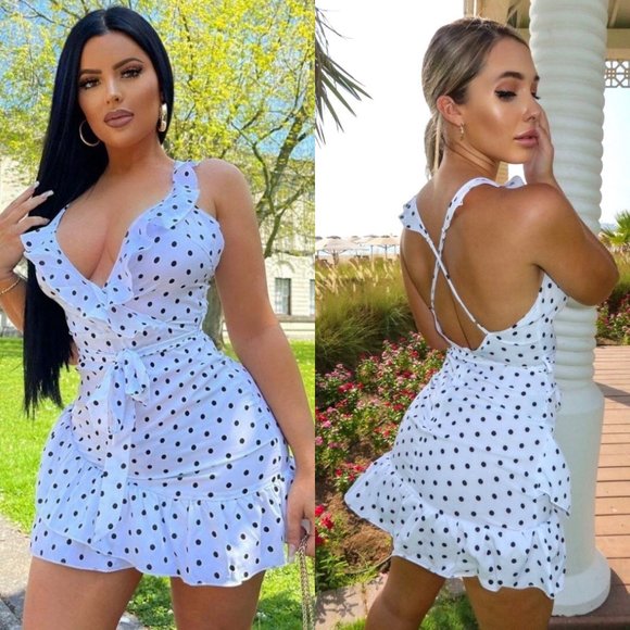 Dresses & Skirts - White Polka Dot V-Neck Sleeveless Ruffle Open Back Backless Mini Dress